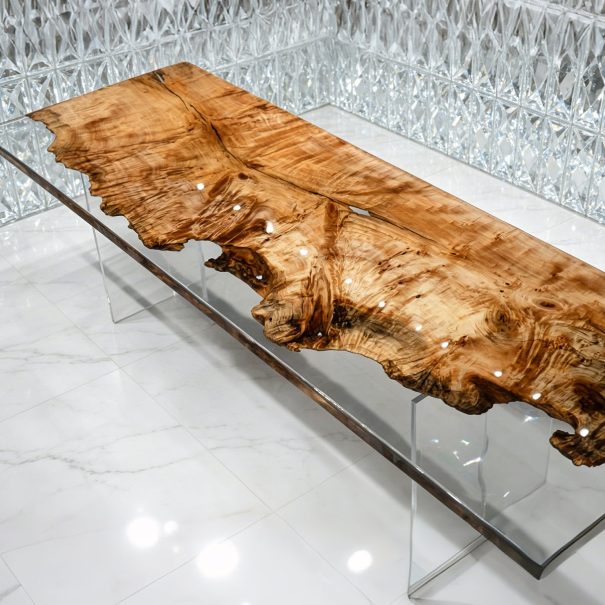 One piece wood dining table made of Poplar tumors with clear epoxy