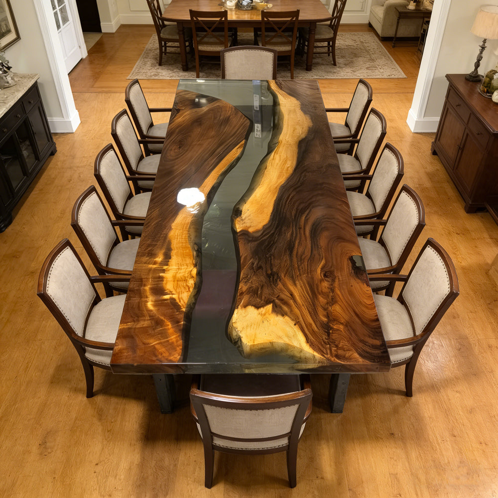 One of a kind dining table live edge organic wood with gray epoxy river table for 8 people