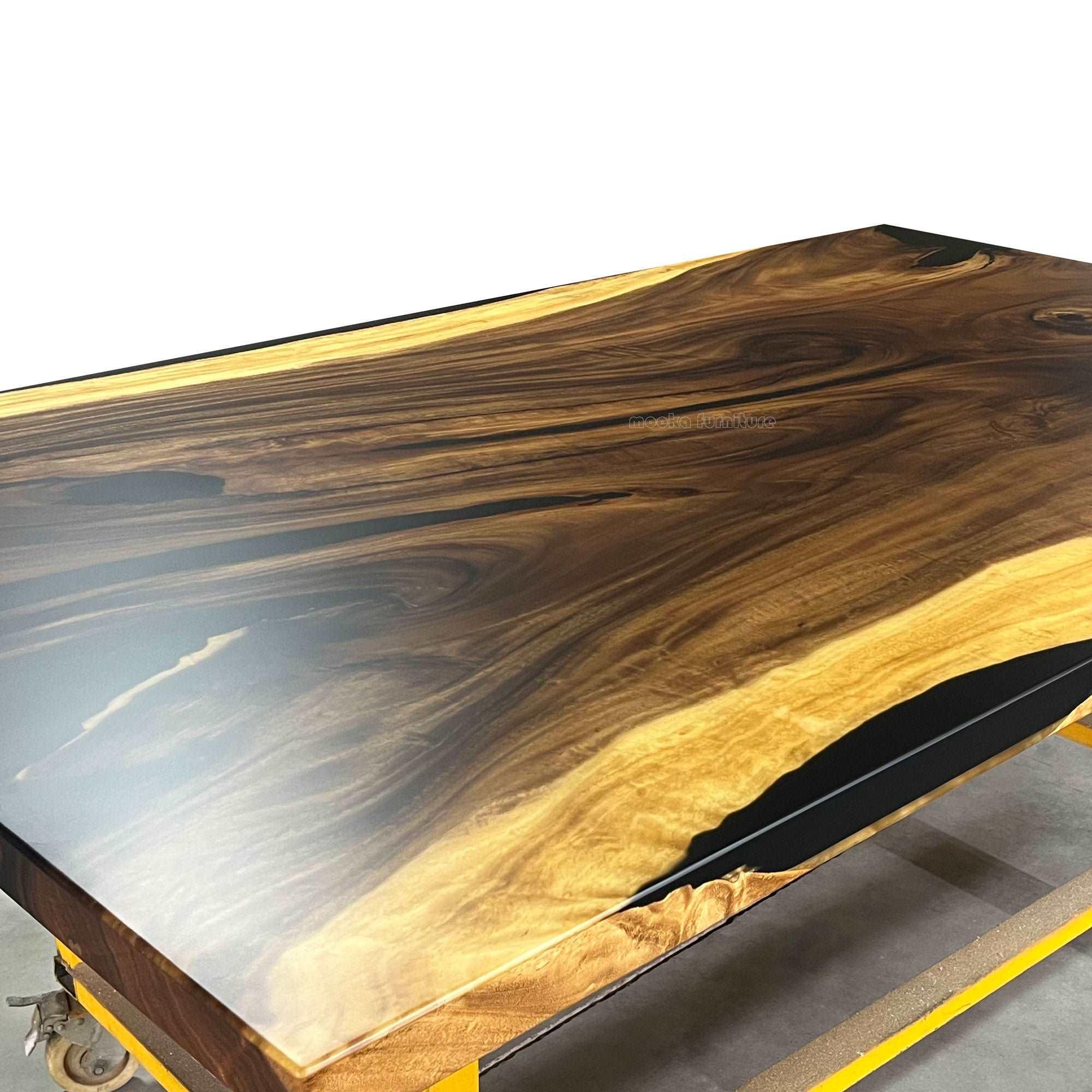 Extra wide dining table in single piece of wood and black epoxy for 8-10 people - MOOKA FURNITURE