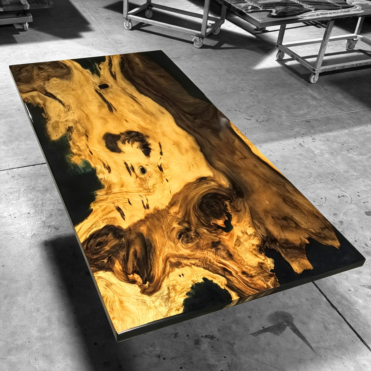 Custom made one piece wood dining table with deep blue epoxy exotic wood table for 8 10 people