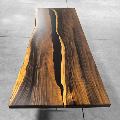 Hard wood dining table for 10 people with black river and live edge