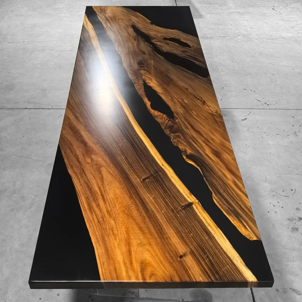 Luxury 120" black resin river wood dining table for 10-12 seats - MOOKA FURNITURE
