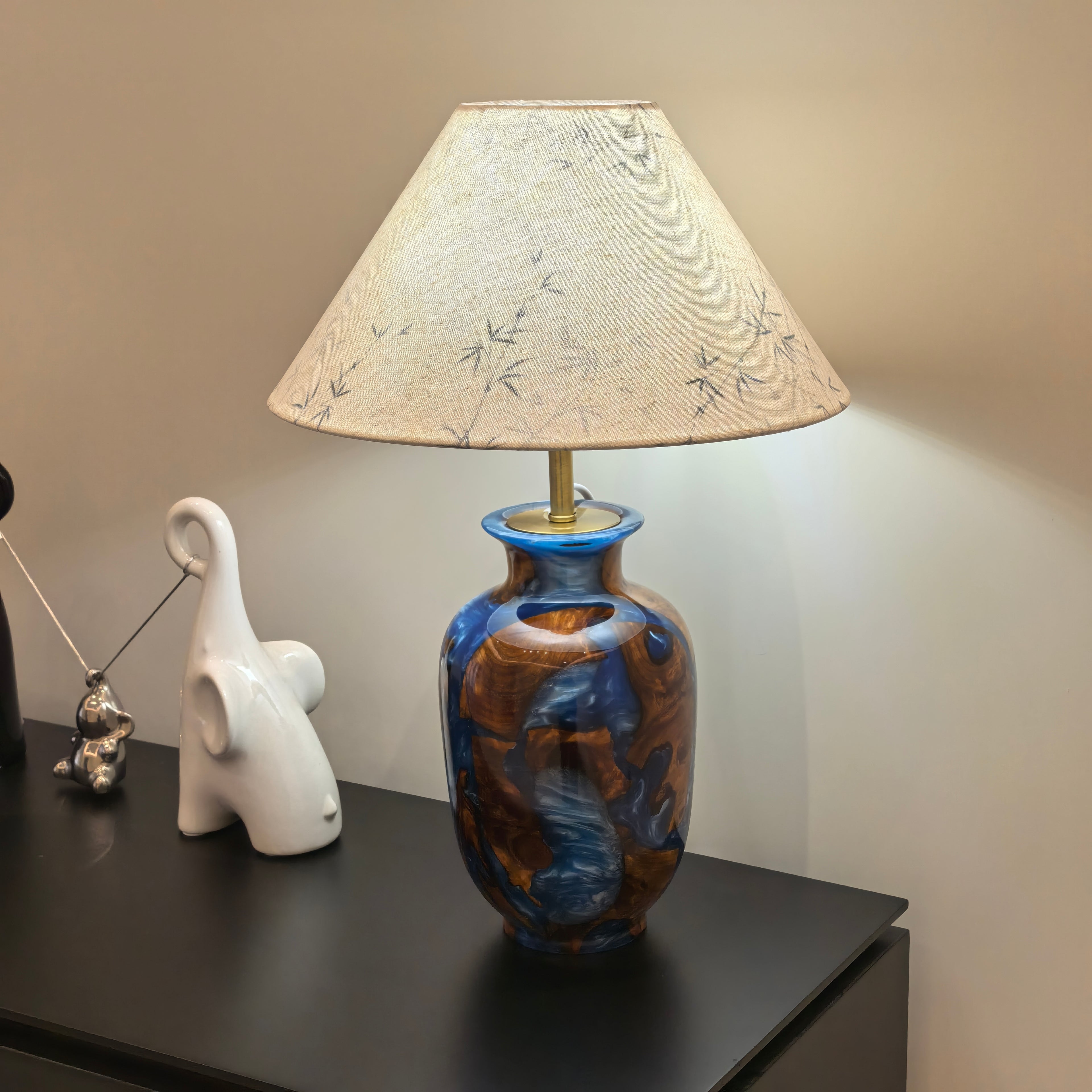 Hand-carved one-of-a-kind Burl Wood Resin table Lamp