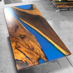 Custom made blue epoxy river solid natural wood dining table for 8 seats