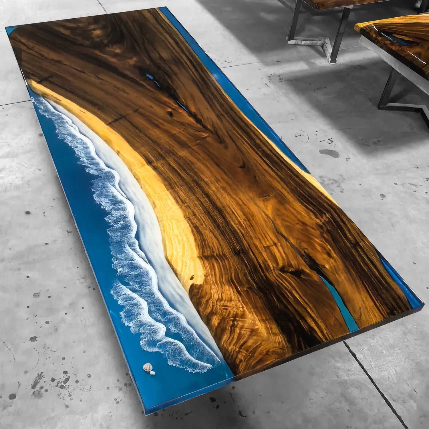 Natural wood dining table with blue epoxy ocean beach wave scene table for 10-12 people - MOOKA FURNITURE
