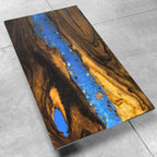 Stylish dining table with blue resin river natural pebbles rocks leaf handmade table for 6-8 people - MOOKA FURNITURE