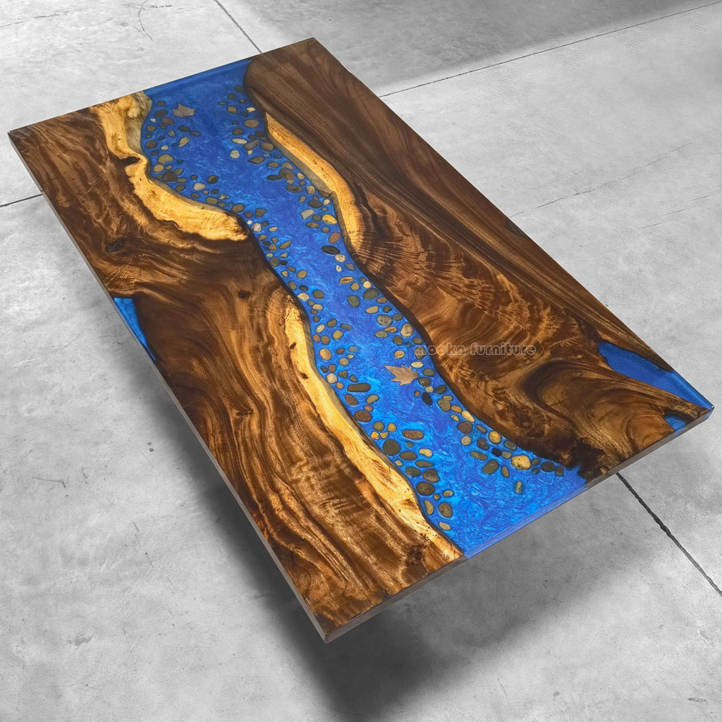 Customized wood dining table with blue resin river w/ natural pebbles rocks leaf stylish table for 6/8/10 people - MOOKA FURNITURE