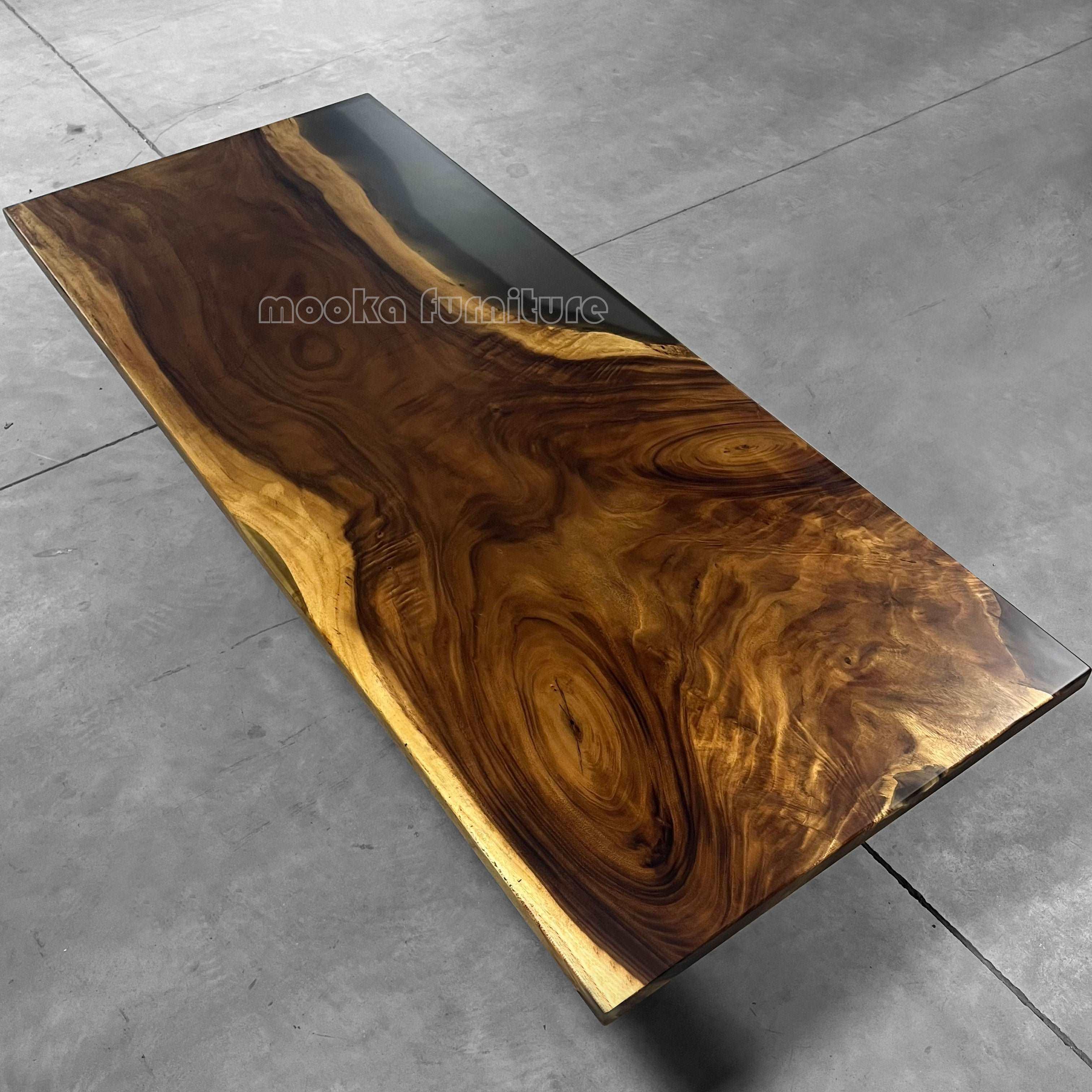 Single piece wood table clear grey epoxy river table to 8-10 person - MOOKA FURNITURE