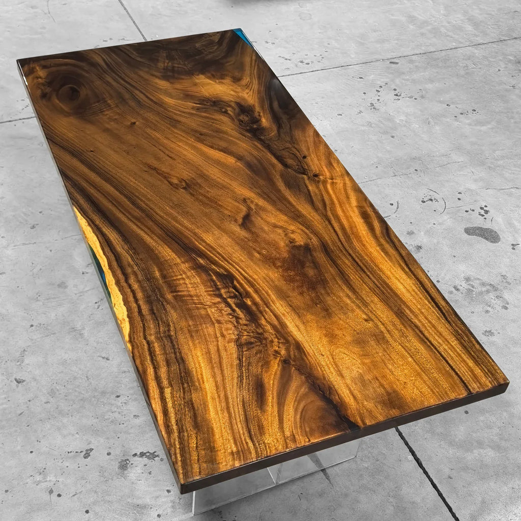 Single natural wood slab with blue epoxy dining table for 6-8 people - MOOKA FURNITURE