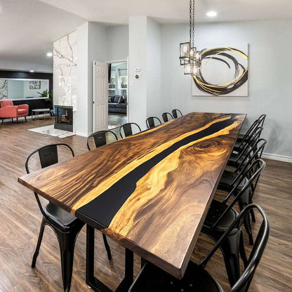 Dining table 144 inch long large size for 14 person solid wood black epoxy river table 12ft