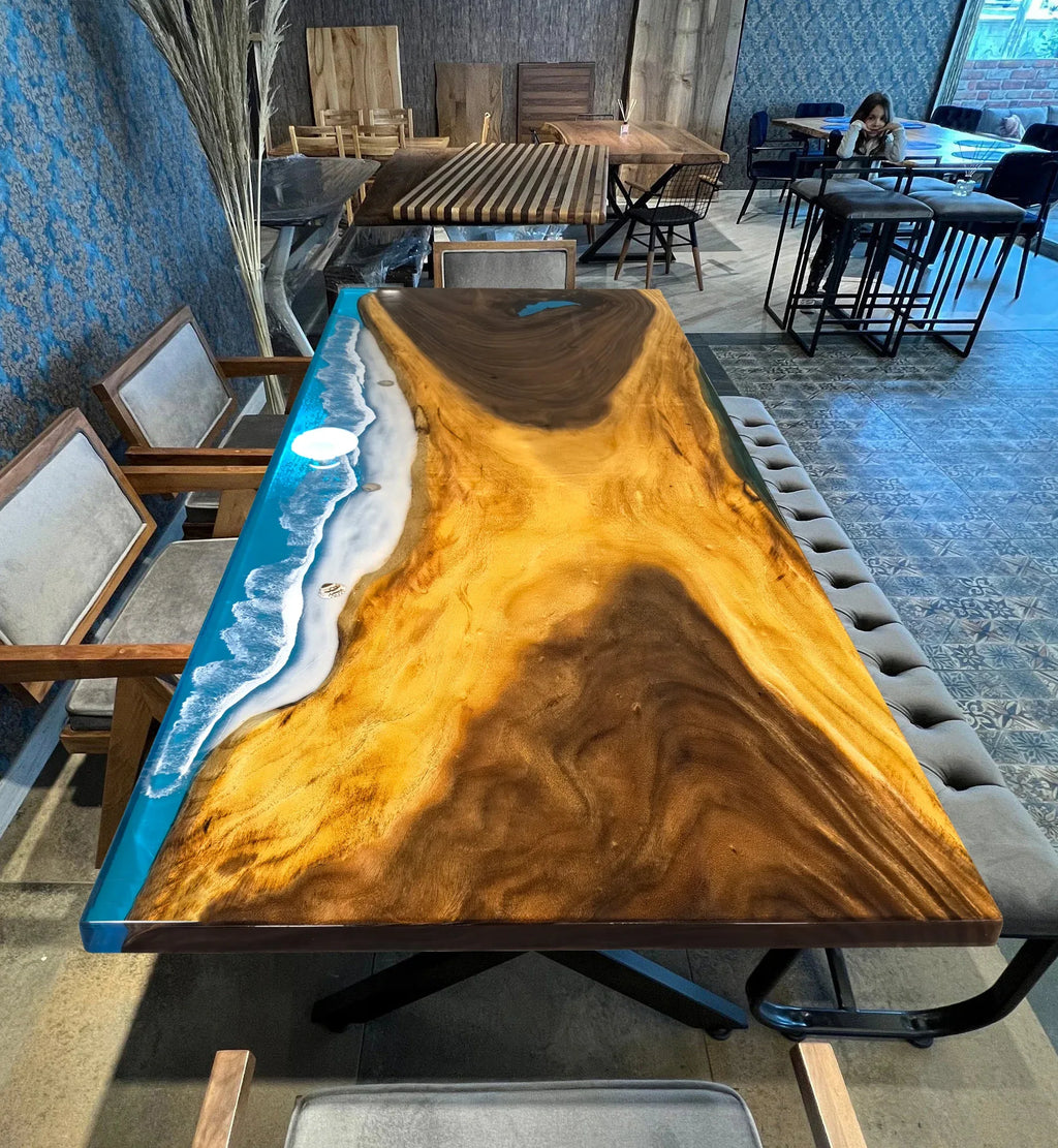 Single orgainic wood slab blue epoxy river table beach themed dining table 6-8 people - MOOKA FURNITURE
