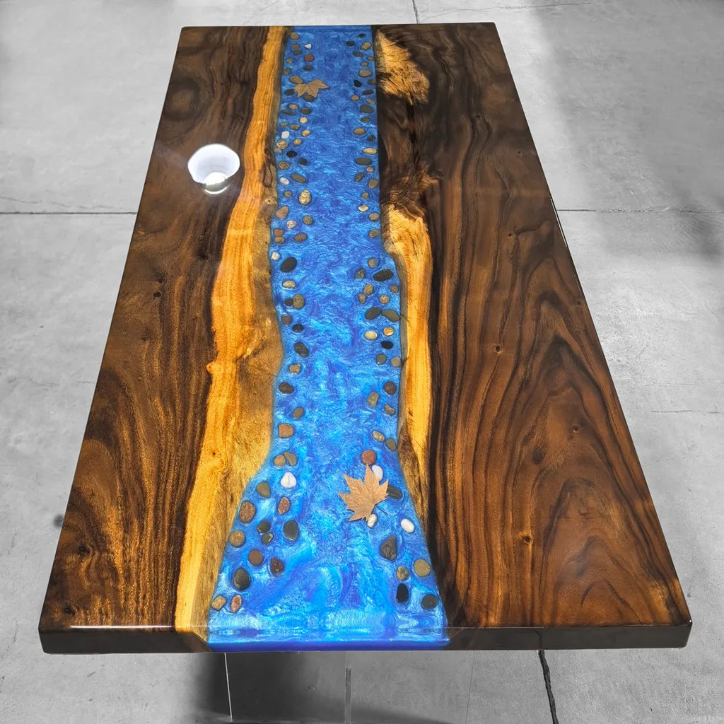 Dining table with blue resin river natural pebbles rocks leaf handmade table for 6 people - MOOKA FURNITURE