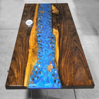 Stylish dining table with bench blue resin river natural pebbles rocks leaf handmade table and bench for 6 people