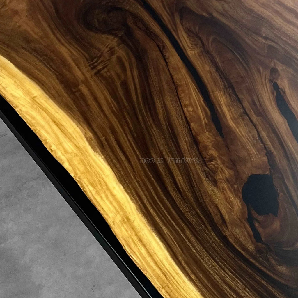 Extra wide dining table in single piece of wood and black epoxy for 8-10 people - MOOKA FURNITURE