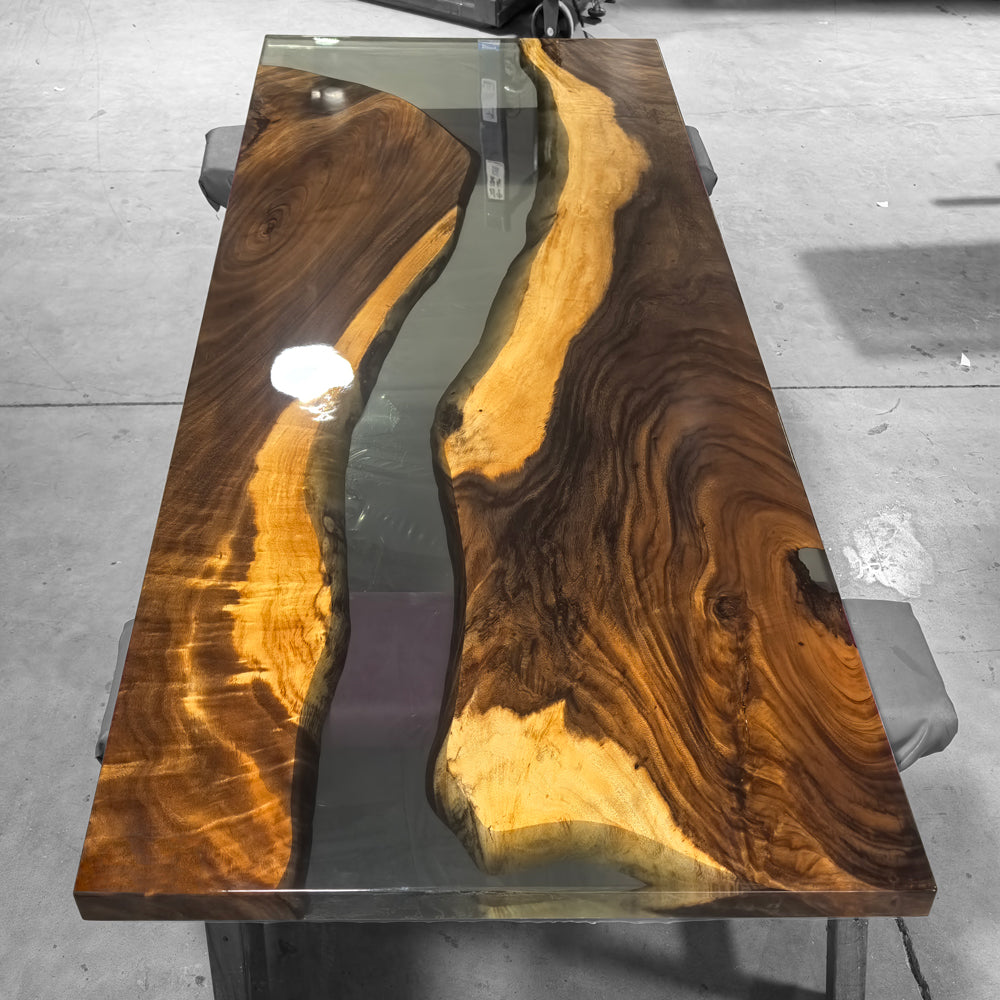 One of a kind dining table live edge organic wood with gray epoxy river table for 8 people
