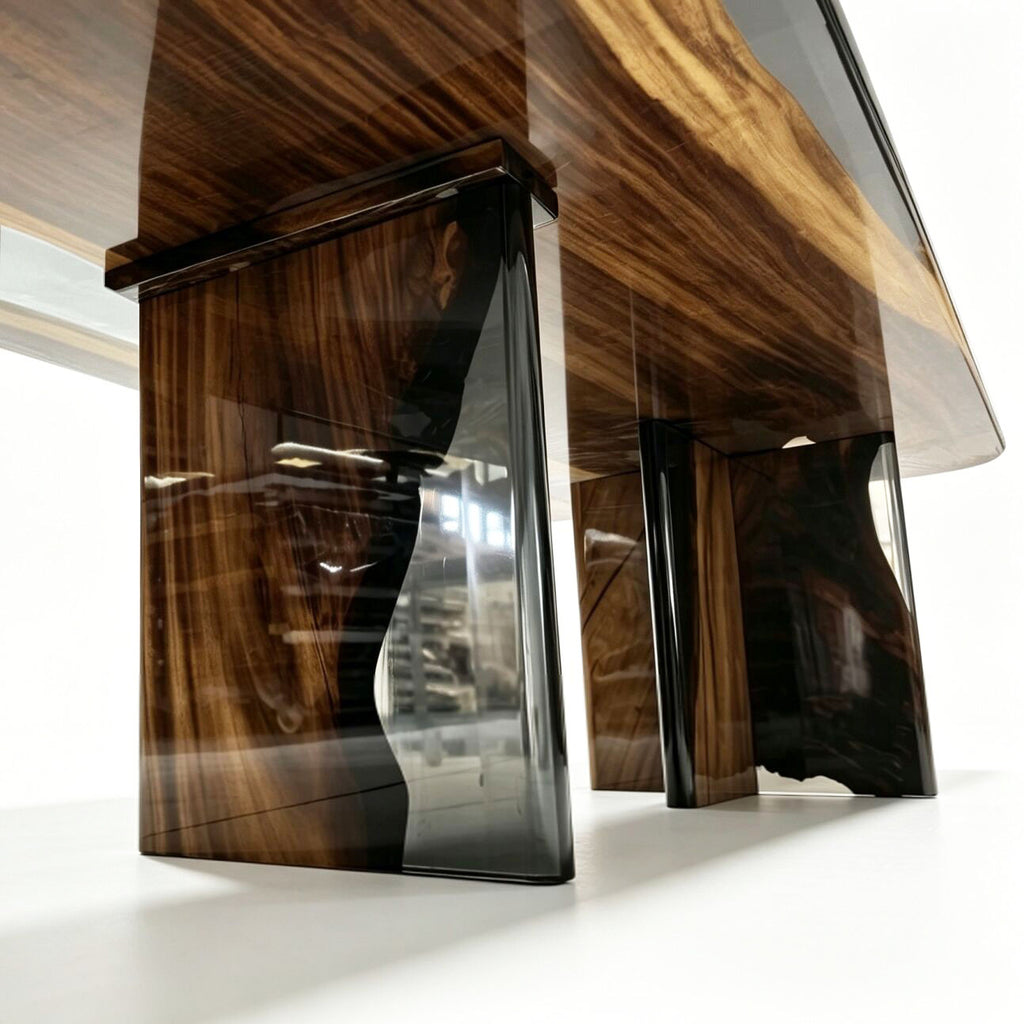 Custom made T base 28" height matching to Parota wood table top for 12-16 people