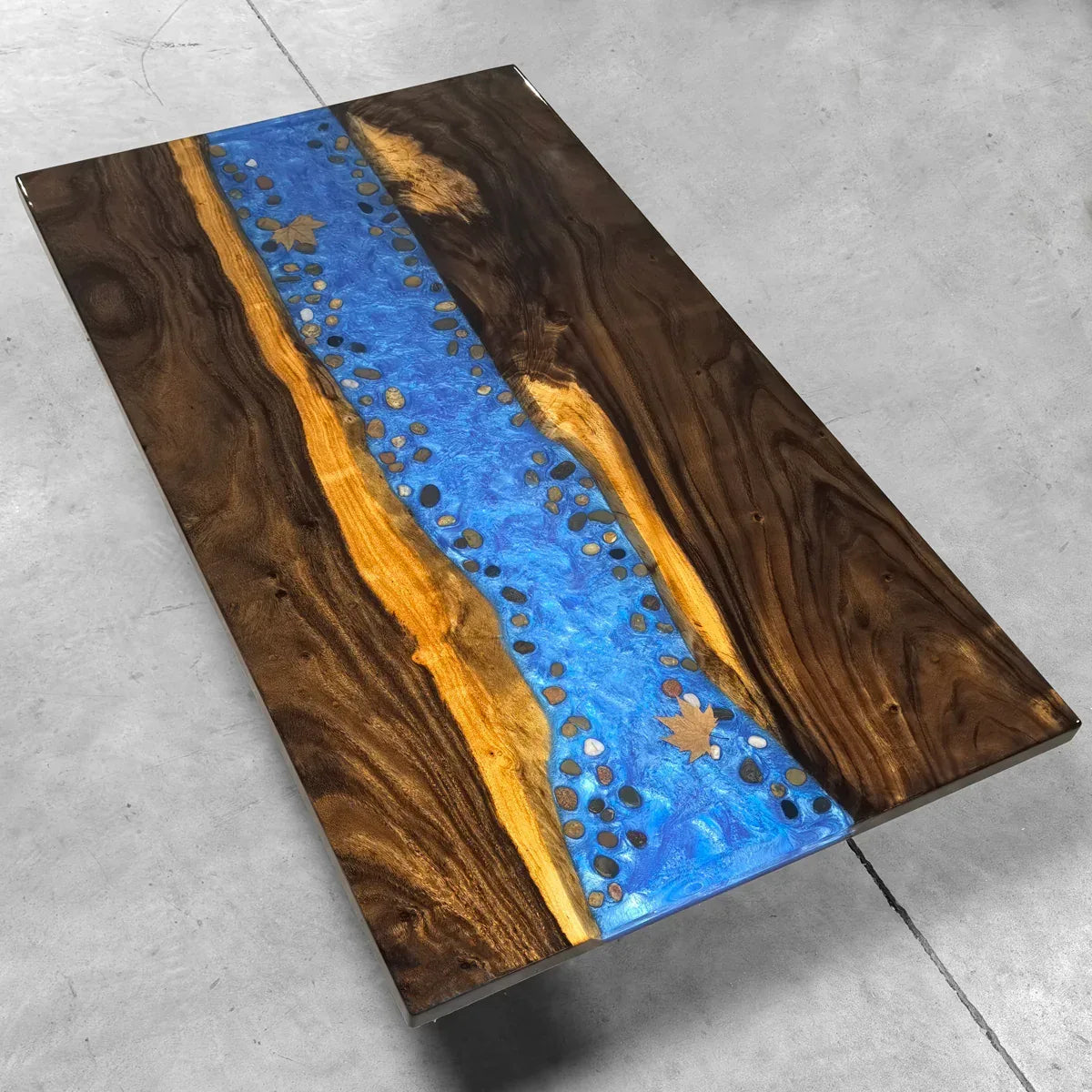 Stylish dining table with bench blue resin river natural pebbles rocks leaf handmade table and bench for 6 people