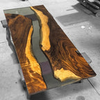 One of a kind dining table live edge organic wood with gray epoxy river table for 8 people - MOOKA FURNITURE