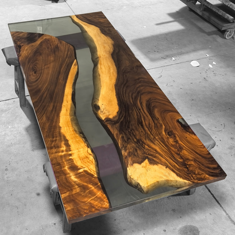 One of a kind dining table live edge organic wood with gray epoxy river table for 8 people
