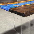 Dining table with blue resin river natural pebbles rocks leaf handmade table for 6 people - MOOKA FURNITURE