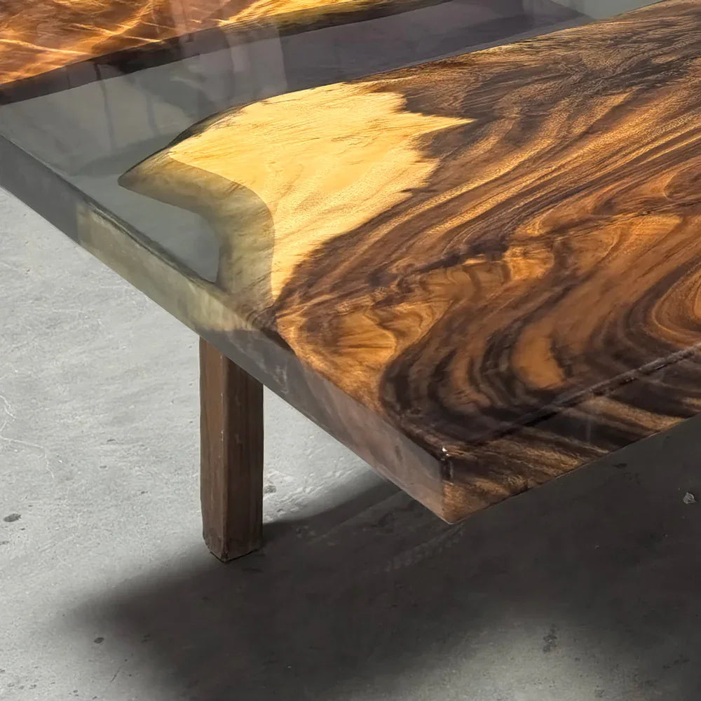 One of a kind dining table live edge organic wood with gray epoxy river table for 8 people - MOOKA FURNITURE