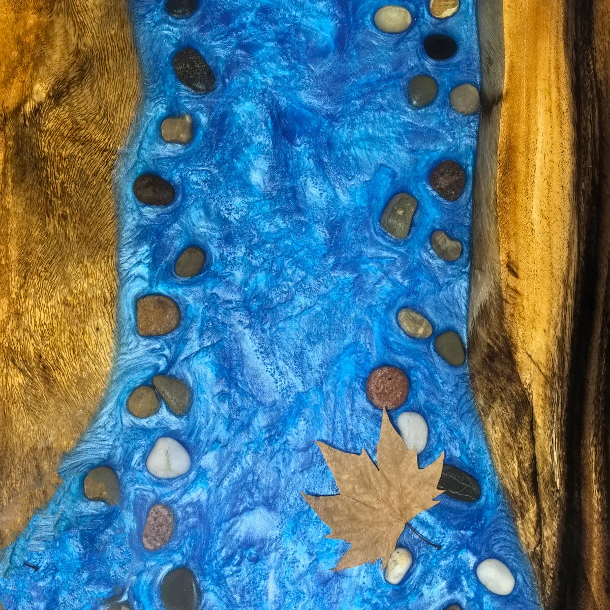 Dining table with blue resin river natural pebbles rocks leaf handmade table for 6 people - MOOKA FURNITURE
