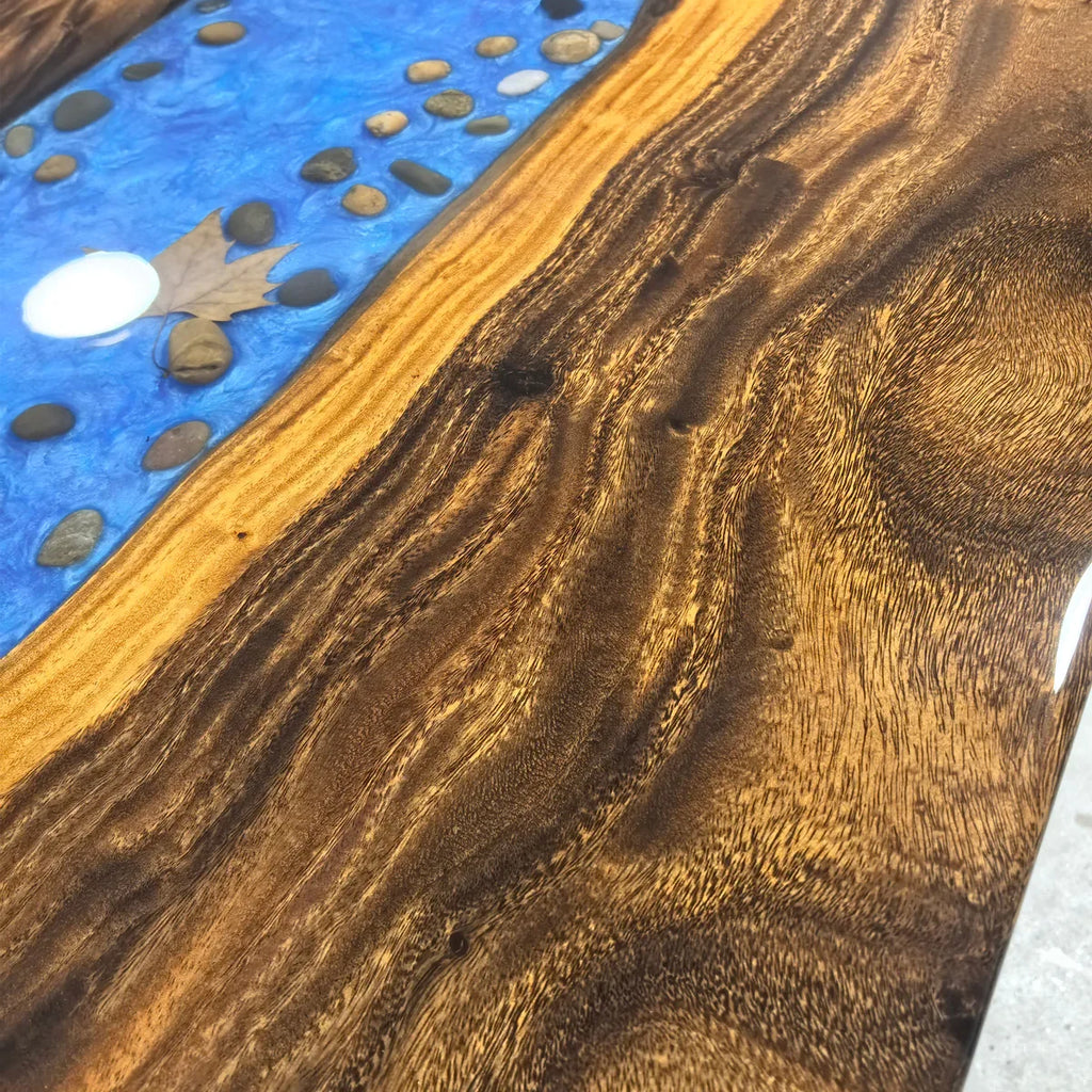 Dining table with blue resin river natural pebbles rocks leaf handmade table for 6 people - MOOKA FURNITURE