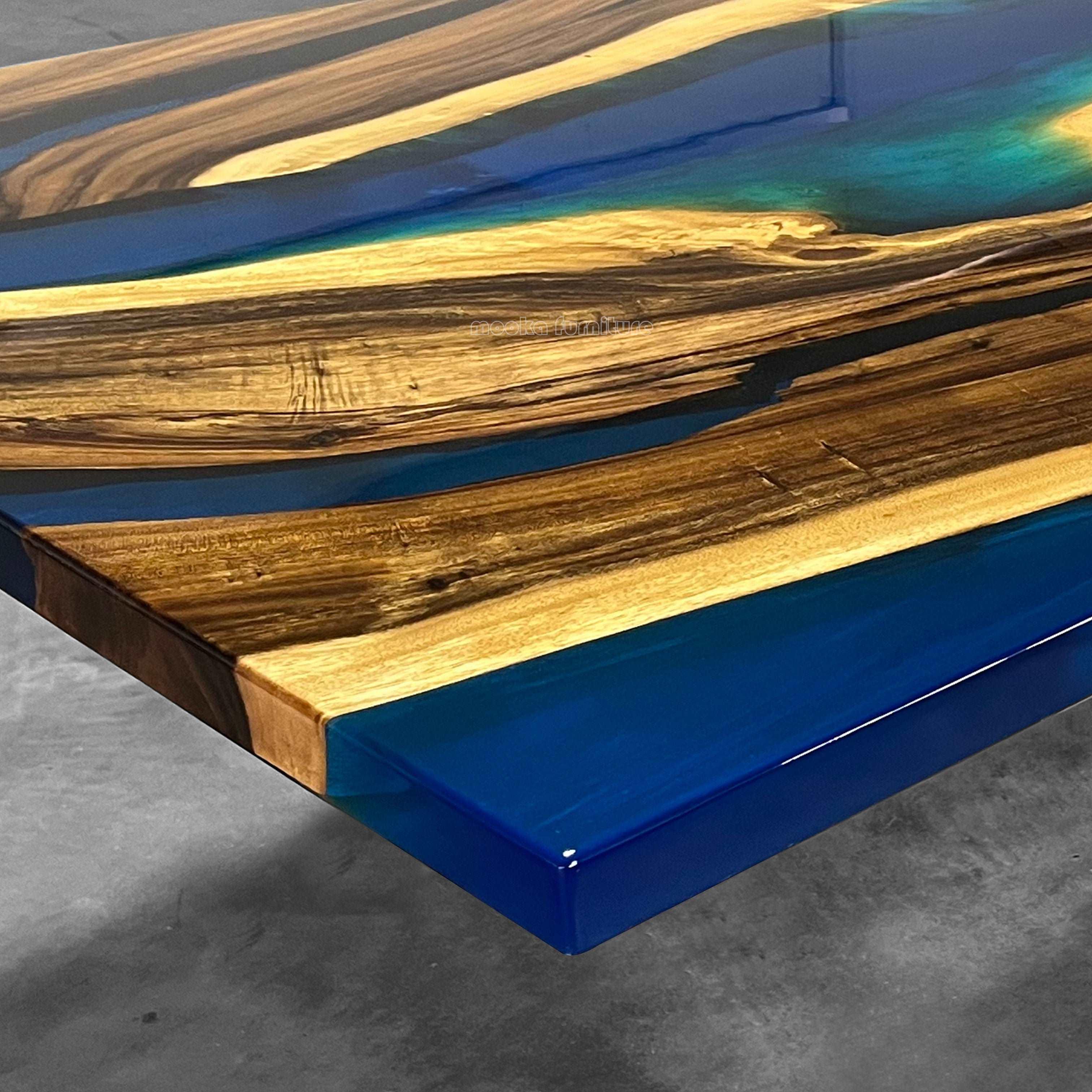 Rustic wood clear cobalt blue epoxy river wild style dining table for 8-10 people - MOOKA FURNITURE