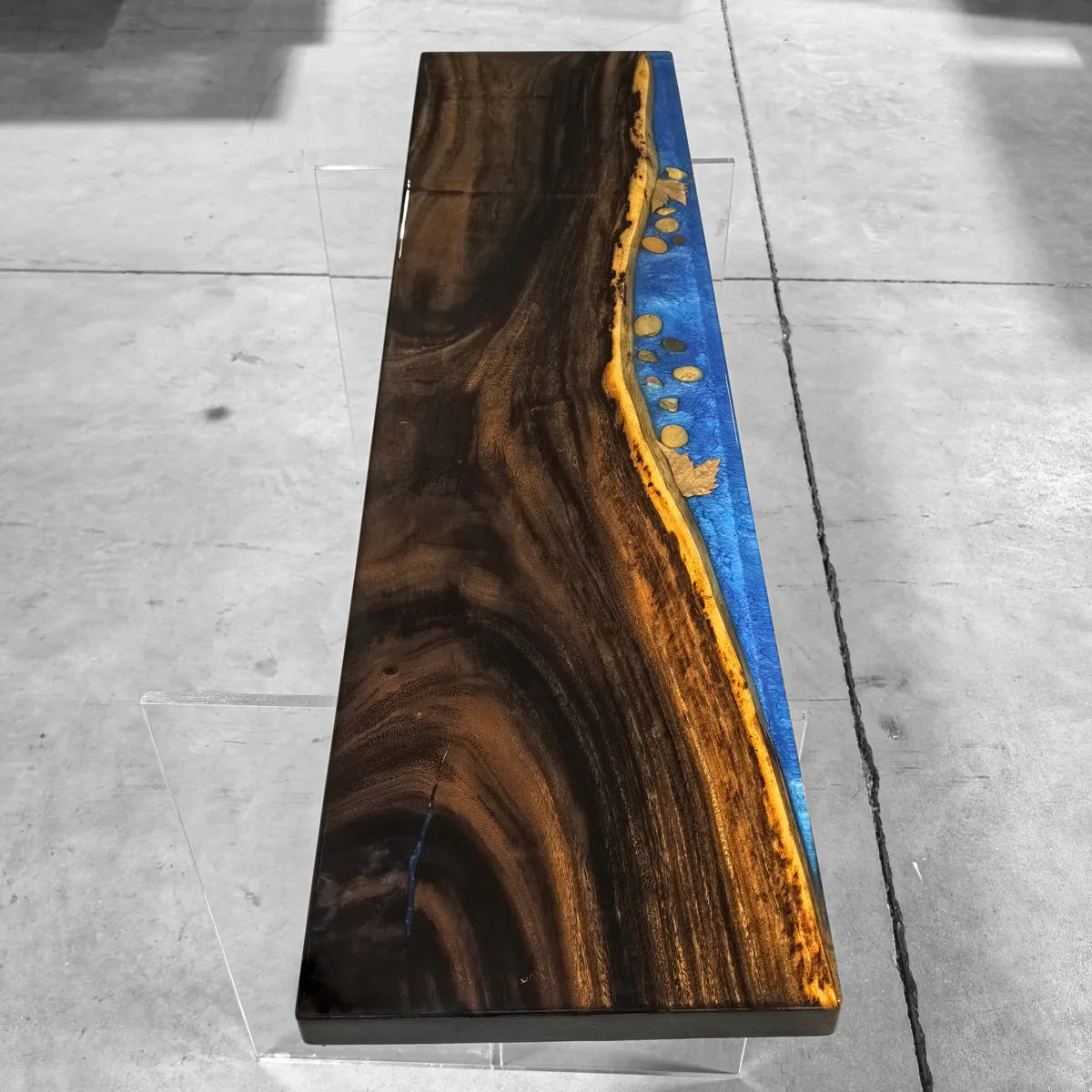 Stylish wood bench with blue resin river natural pebbles rocks leaf handmade bench - MOOKA FURNITURE