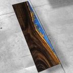 Stylish wood bench with blue resin river natural pebbles rocks leaf handmade bench - MOOKA FURNITURE