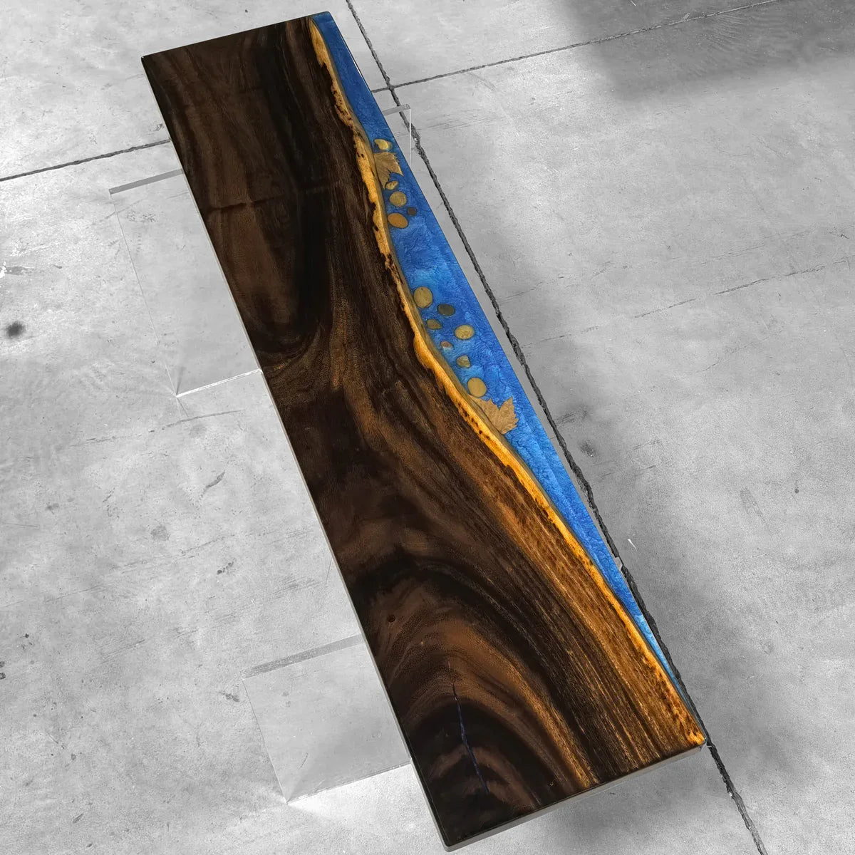 Stylish wood bench with blue resin river natural pebbles rocks leaf handmade bench - MOOKA FURNITURE