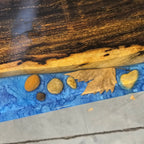 Stylish wood bench with blue resin river natural pebbles rocks leaf handmade bench - MOOKA FURNITURE