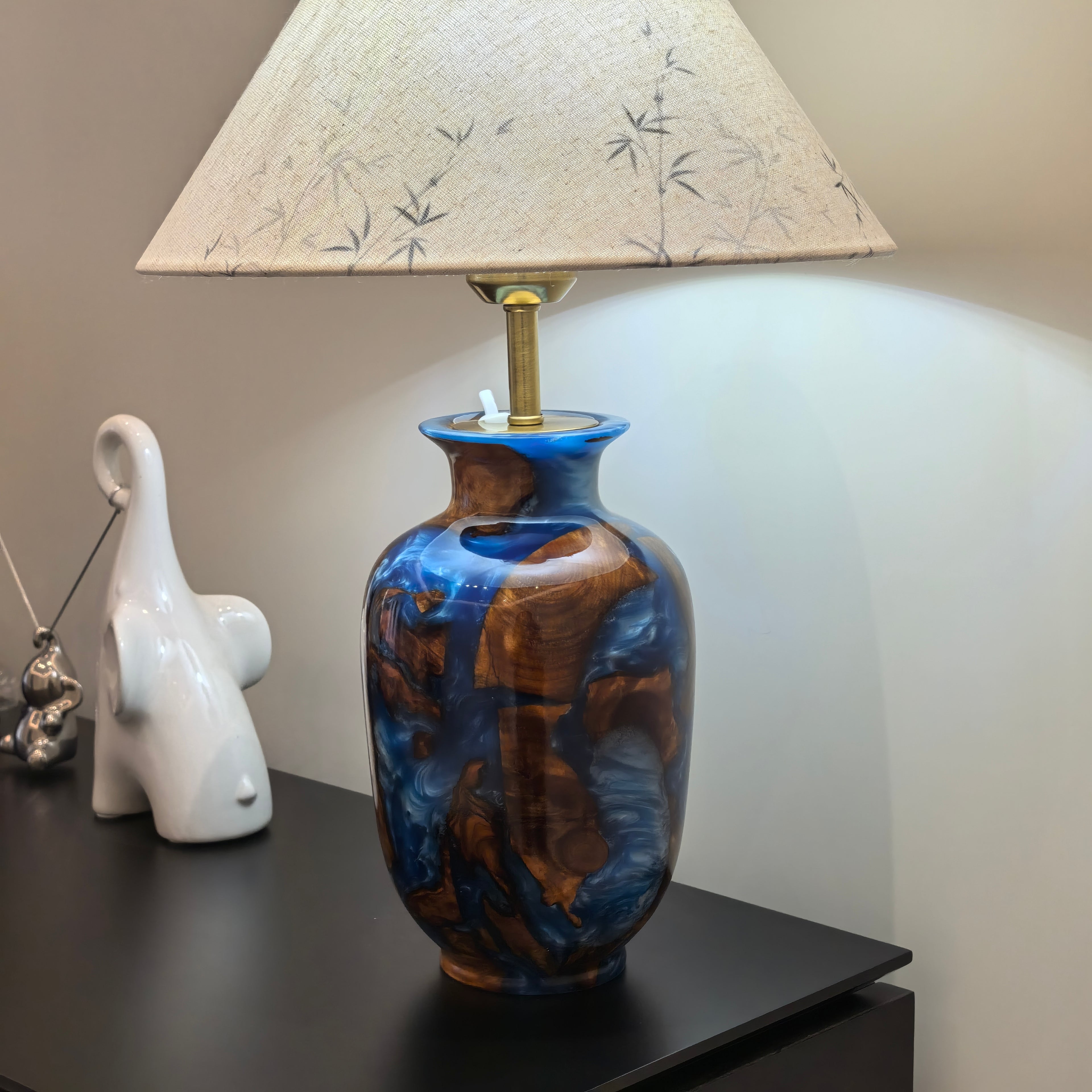 Hand-carved one-of-a-kind Burl Wood Resin table Lamp