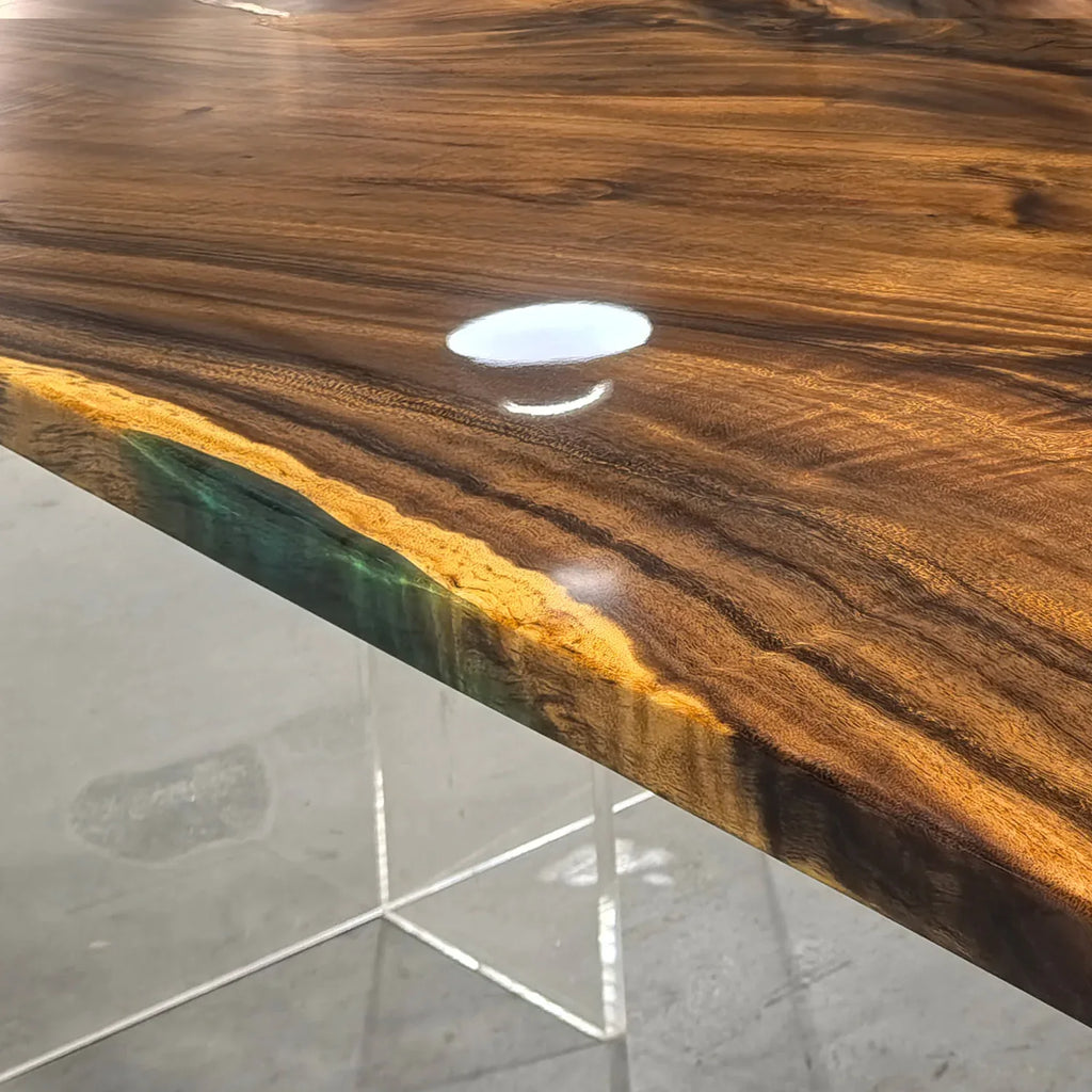 Single natural wood slab with blue epoxy dining table for 6-8 people - MOOKA FURNITURE