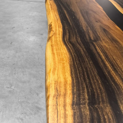 Hard wood dining table for 10 people with black river and live edge