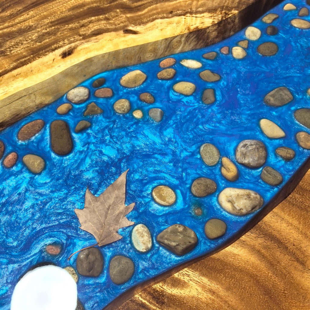 Customized wood dining table with blue resin river w/ natural pebbles rocks leaf stylish table for 6/8/10 people - MOOKA FURNITURE