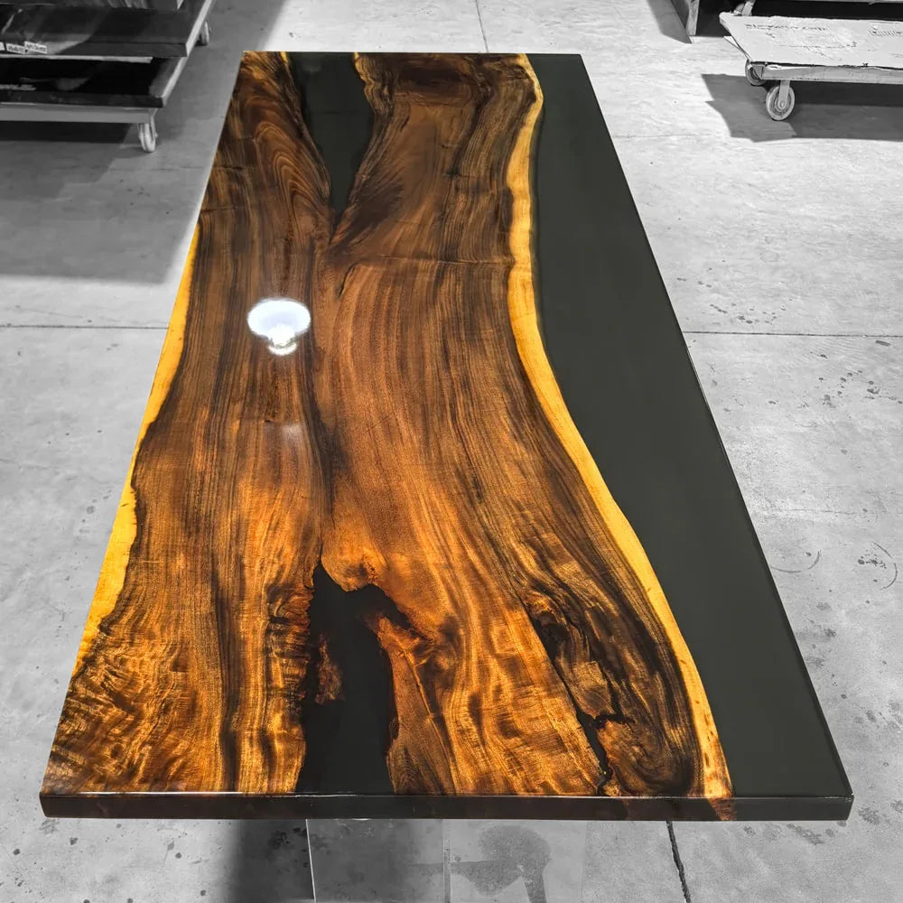 Luxury unique One piece organic wood with clear grey epoxy dining table for 10 people - MOOKA FURNITURE