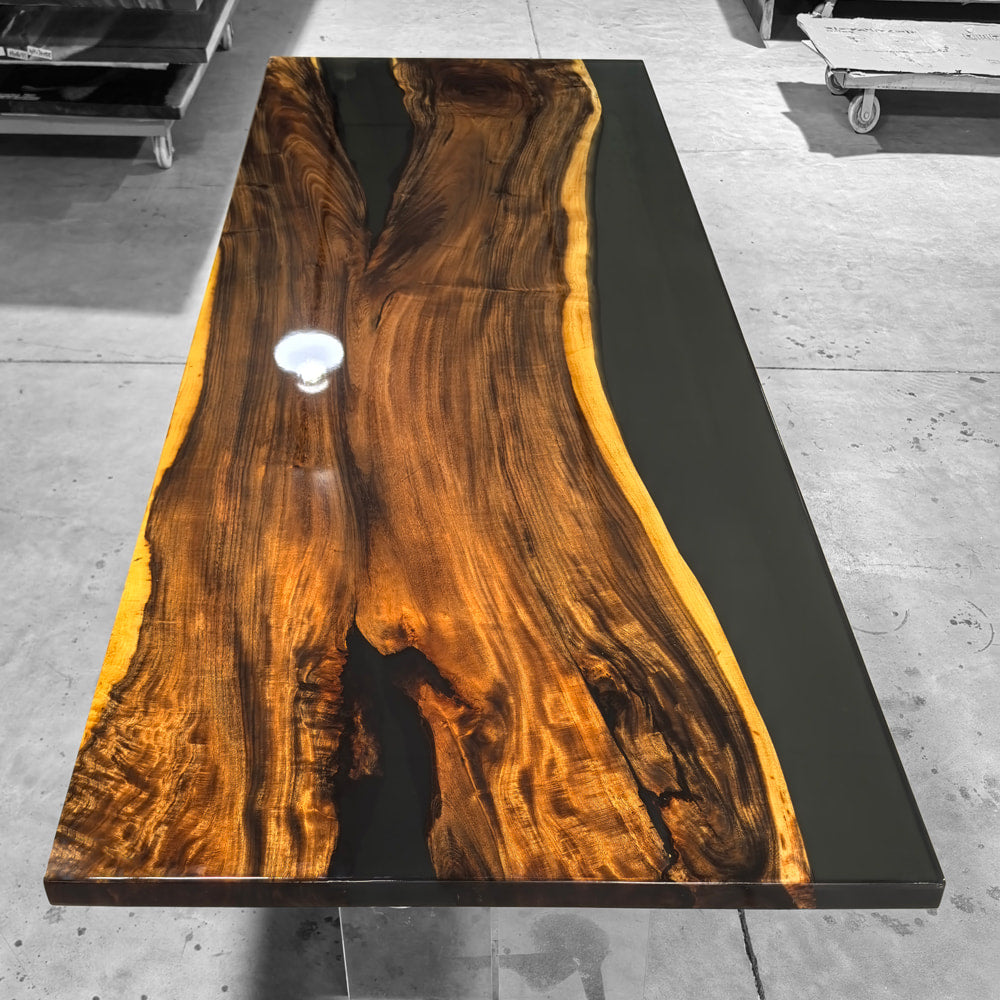 Luxury unique One piece organic wood with clear grey epoxy dining table for  10 people