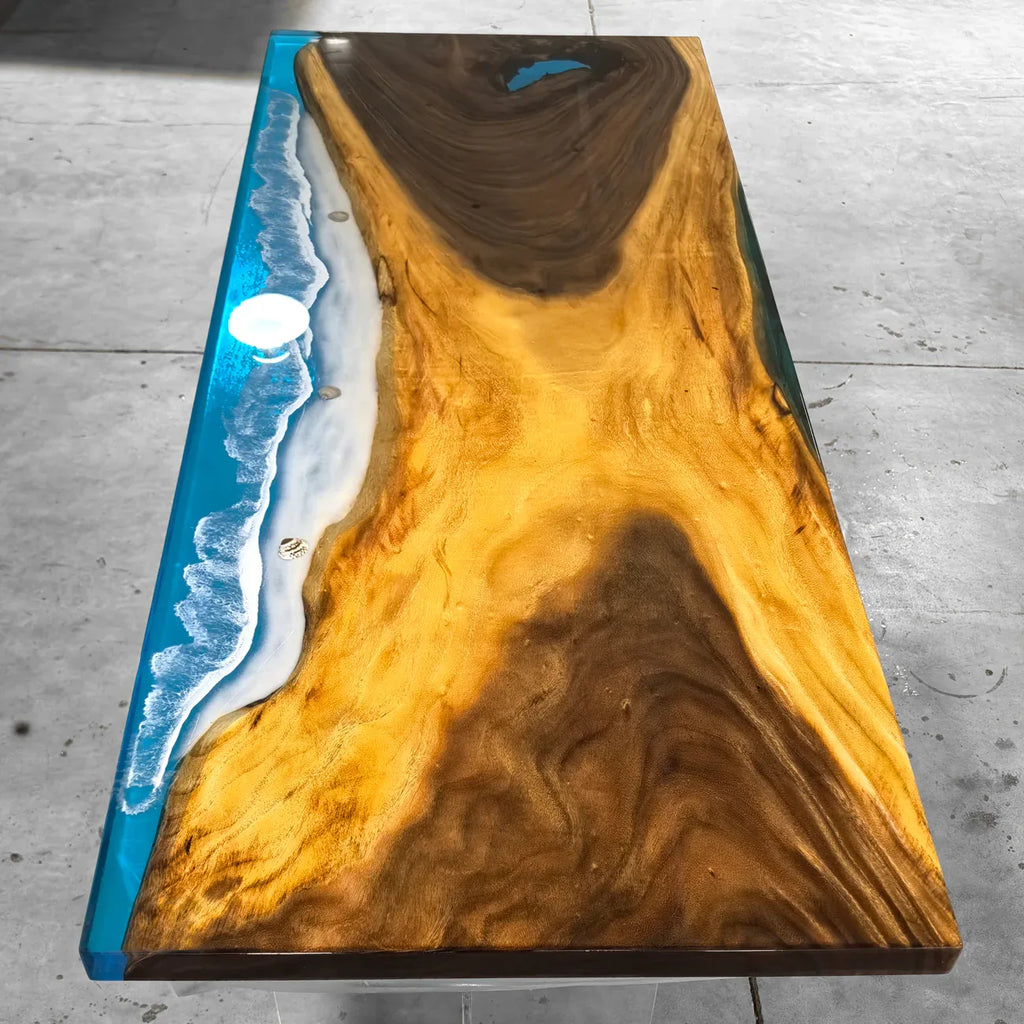 Single orgainic wood slab blue epoxy river table beach themed dining table 6-8 people - MOOKA FURNITURE