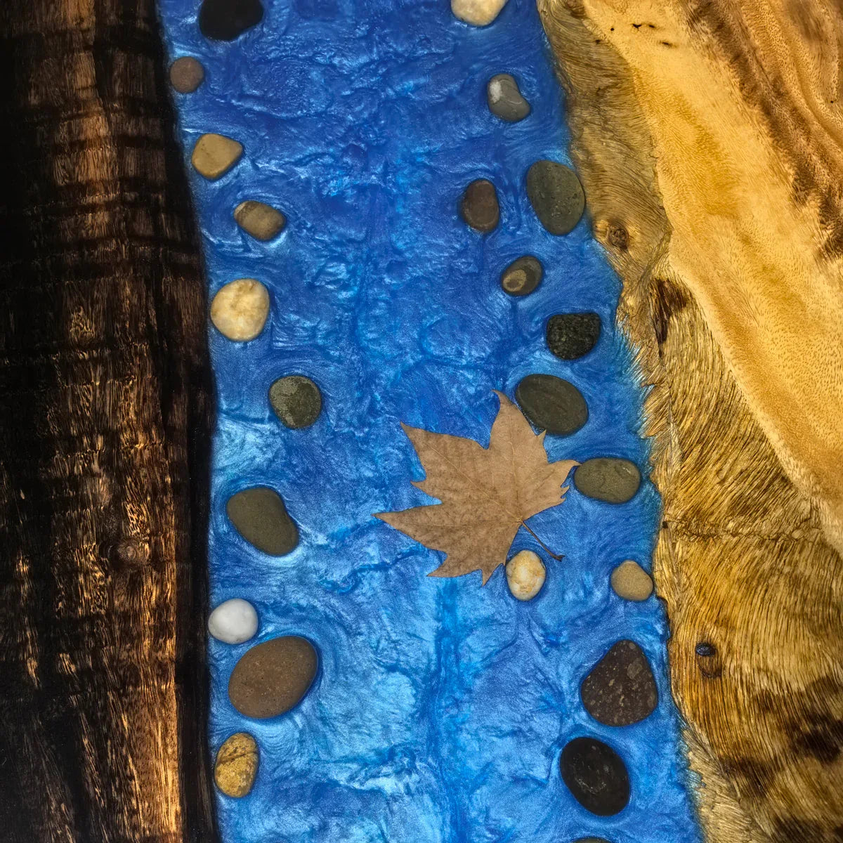 Stylish dining table with blue resin river natural pebbles rocks leaf handmade table for 6-8 people - MOOKA FURNITURE