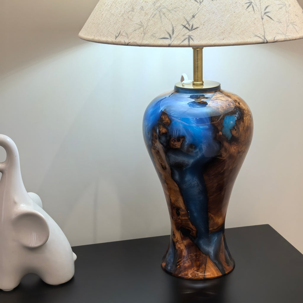 Hand-carved one-of-a-kind Burl Wood Resin table Lamp