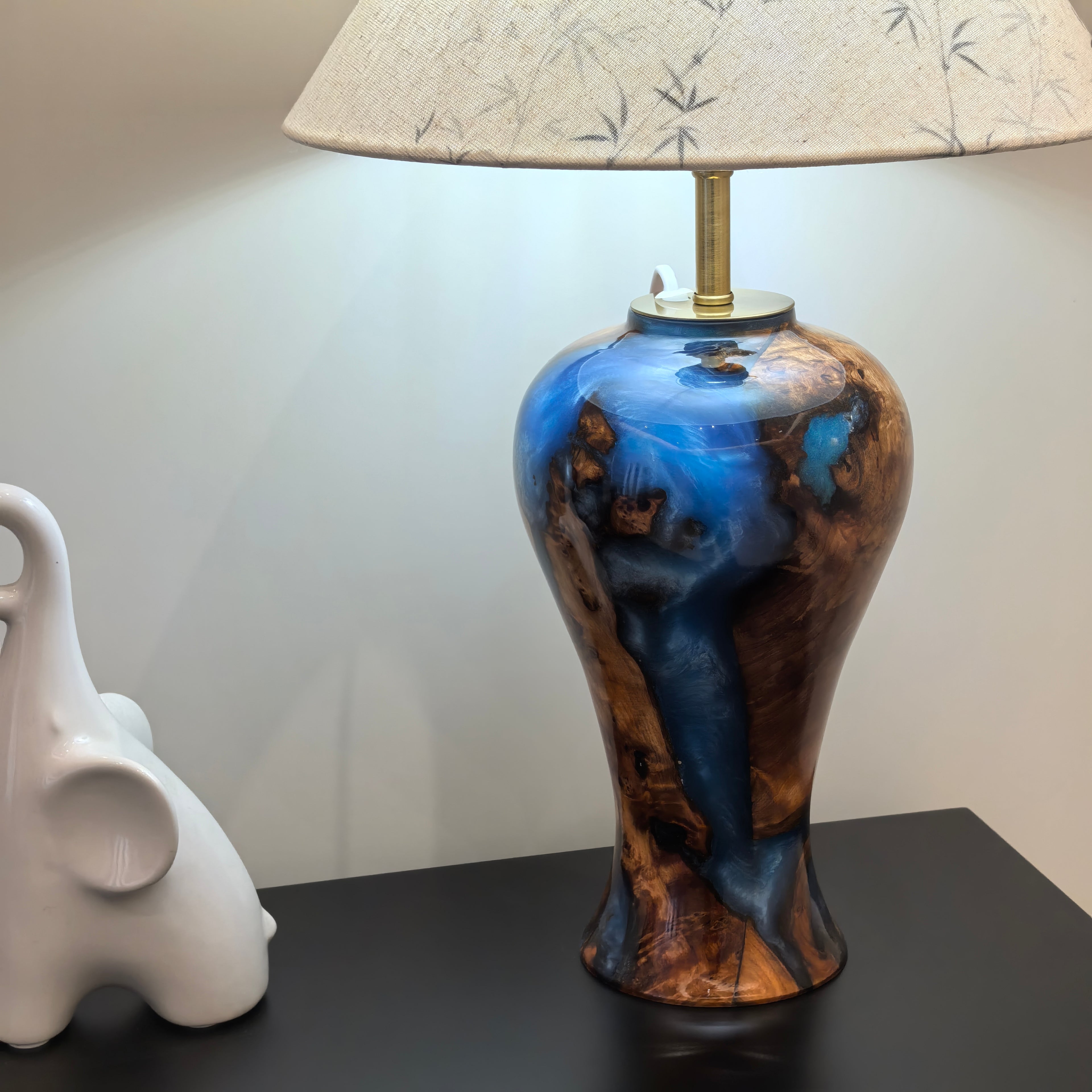 Hand-carved one-of-a-kind Burl Wood Resin table Lamp