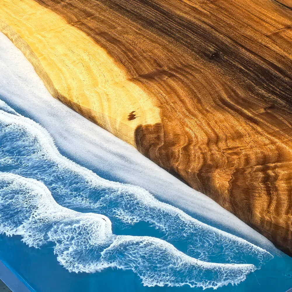 Natural wood dining table with blue epoxy ocean beach wave scene table for 10-12 people - MOOKA FURNITURE