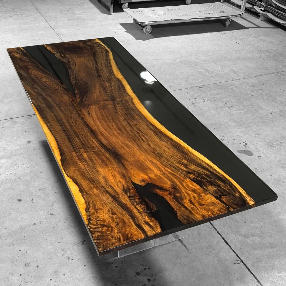 Luxury unique One piece organic wood with clear grey epoxy dining table for 10 people - MOOKA FURNITURE