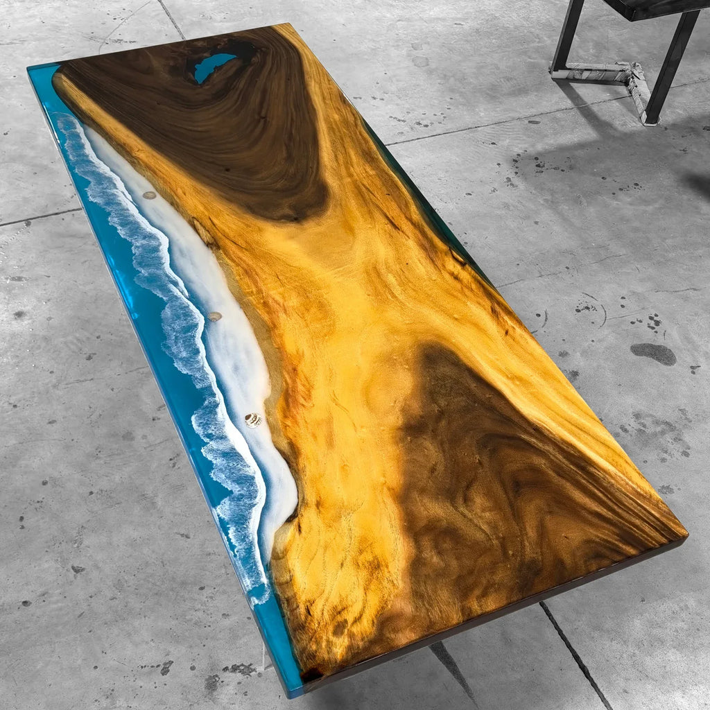 Single orgainic wood slab blue epoxy river table beach themed dining table 6-8 people - MOOKA FURNITURE
