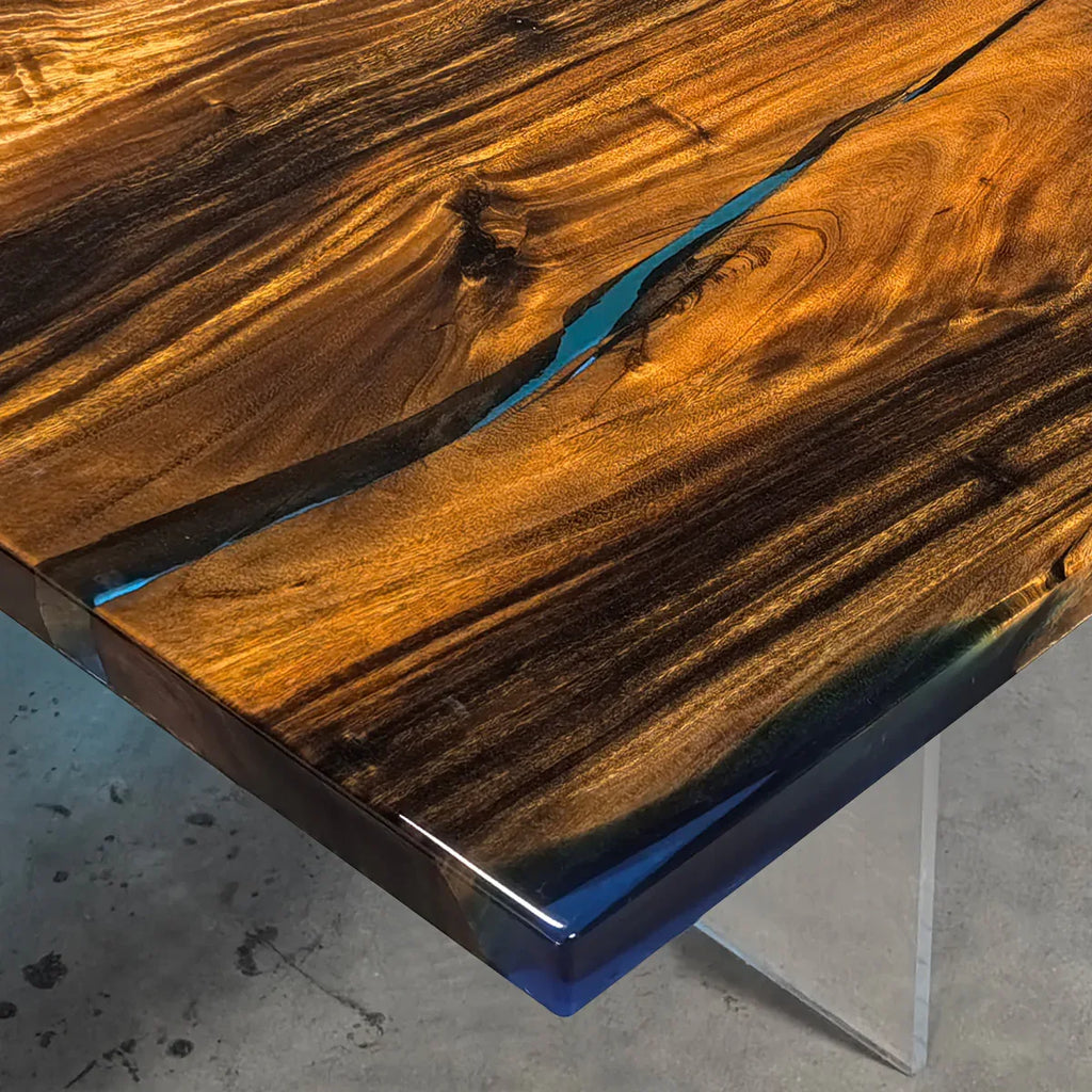 Natural wood dining table with blue epoxy ocean beach wave scene table for 10-12 people - MOOKA FURNITURE
