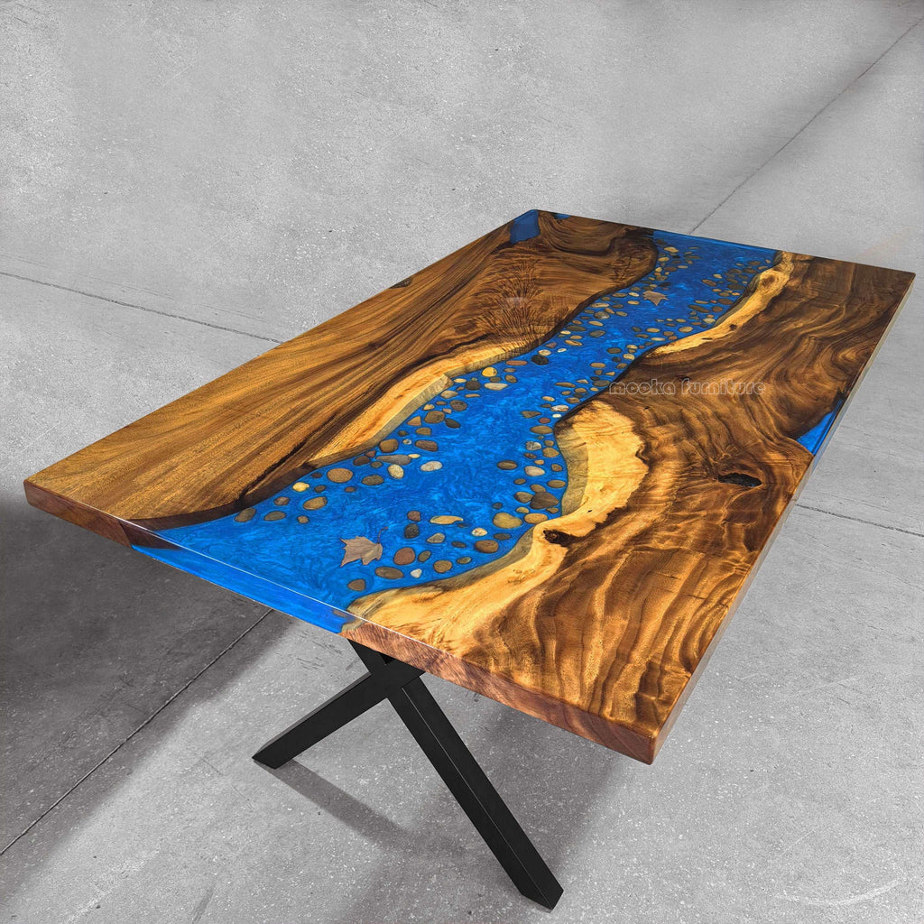 Customized wood dining table with blue resin river w/ natural pebbles rocks leaf stylish table for 6/8/10 people - MOOKA FURNITURE