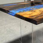 Stylish dining table with blue resin river natural pebbles rocks leaf handmade table for 6-8 people - MOOKA FURNITURE