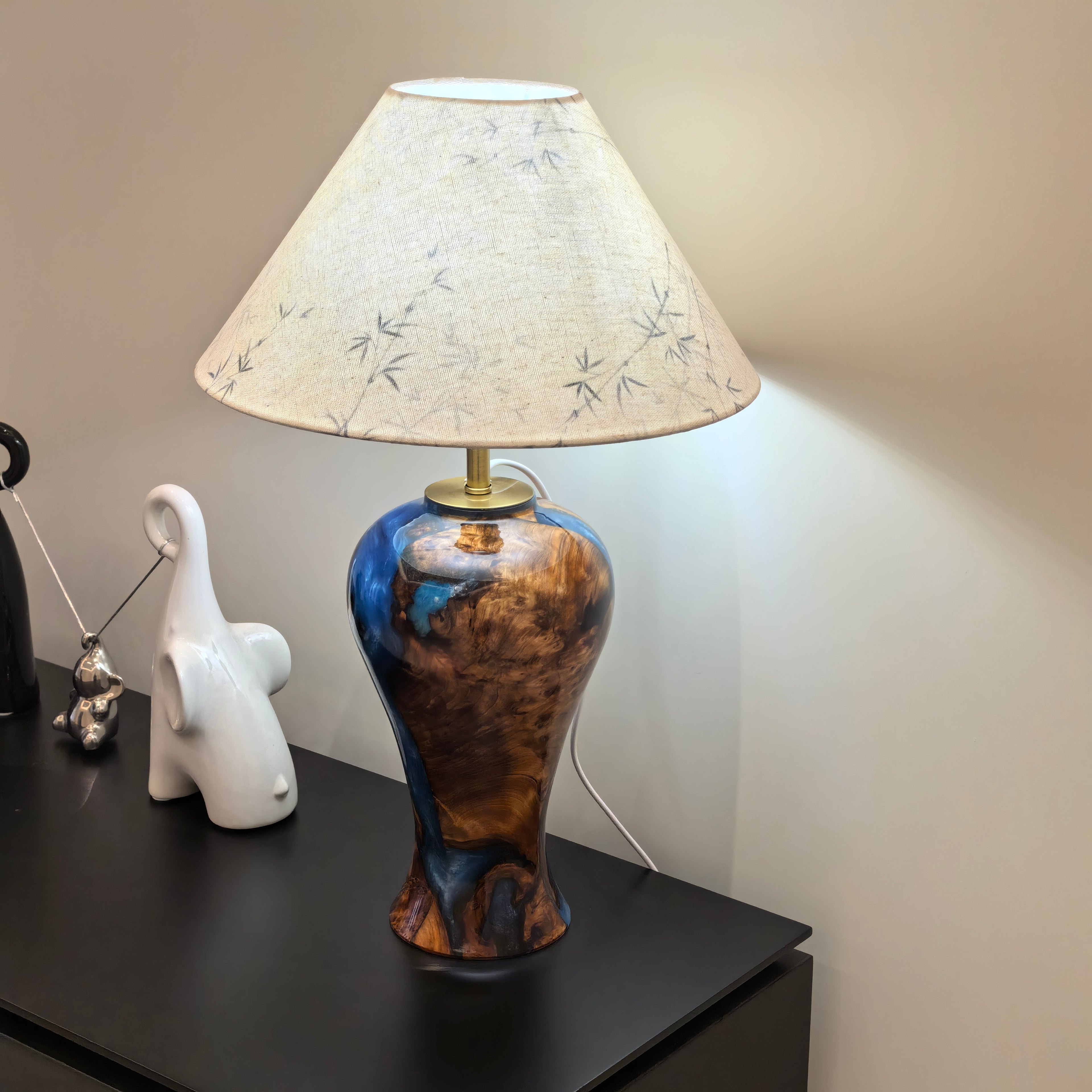 Hand-carved one-of-a-kind Burl Wood Resin table Lamp