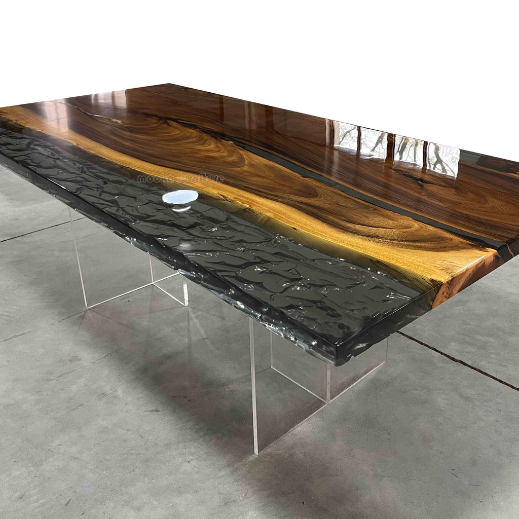 Live edge one-piece natural wood grey epoxy with wave river table dining table for 8 seaters - MOOKA FURNITURE